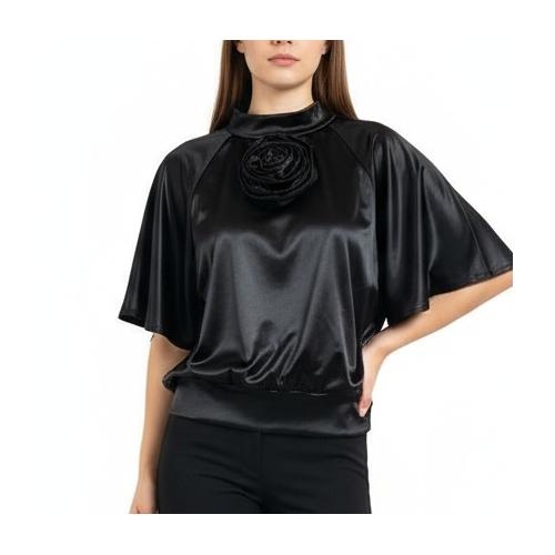 Ember Blouse Women's Black 3d Flower Short Bell Sleeve Chic Elegant Size M